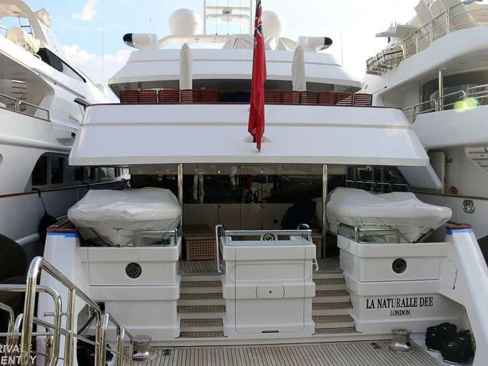 a large white boat with a red stripe on the front aboard TURQUOISE Yacht for Sale