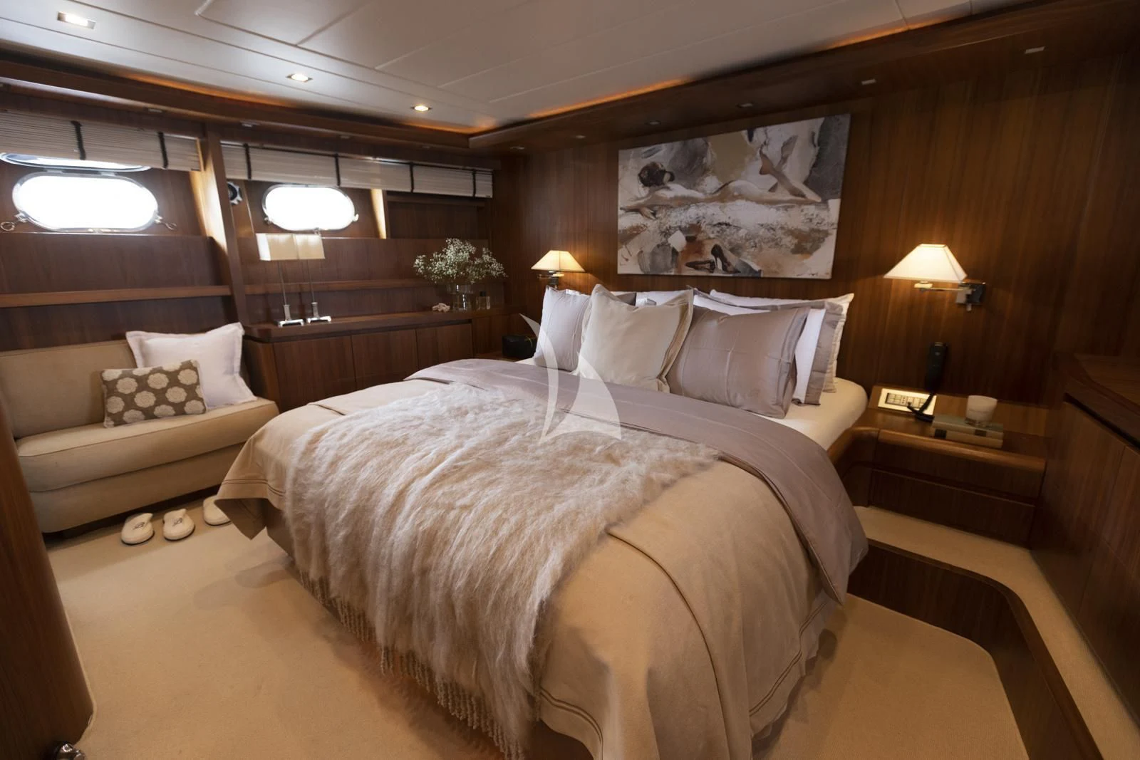 a room with two beds aboard XUMI Yacht for Charter