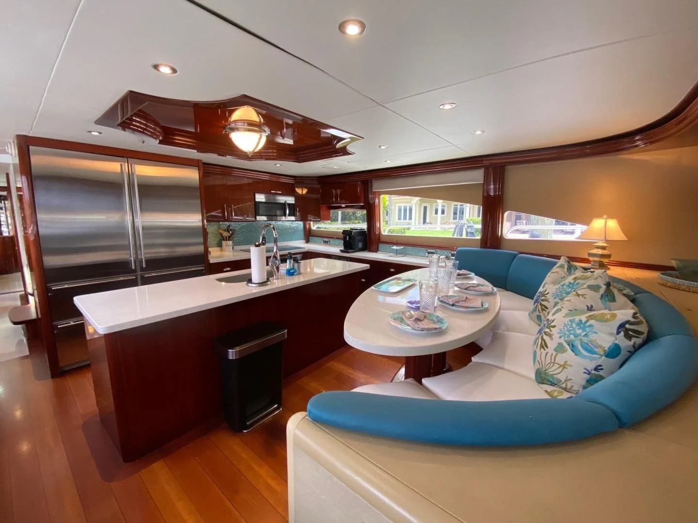 a modern looking kitchen and living room aboard CENTER RING Yacht for Sale