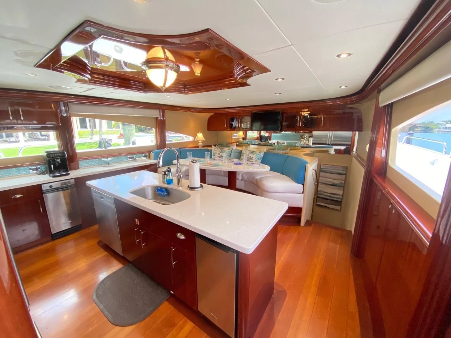 a kitchen with a large island aboard CENTER RING Yacht for Sale