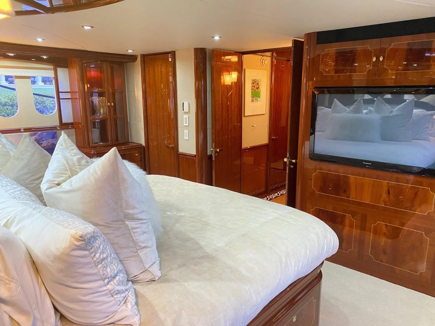 a bed in a room aboard CENTER RING Yacht for Sale