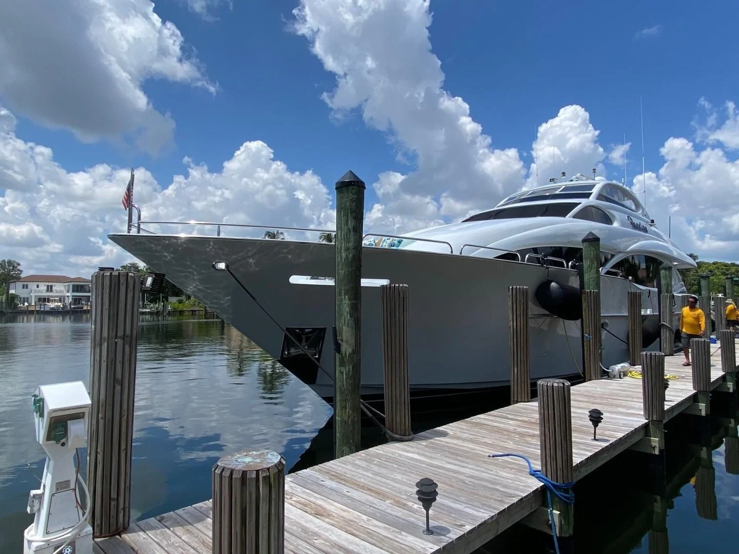 a boat docked at a pier aboard CENTER RING Yacht for Sale