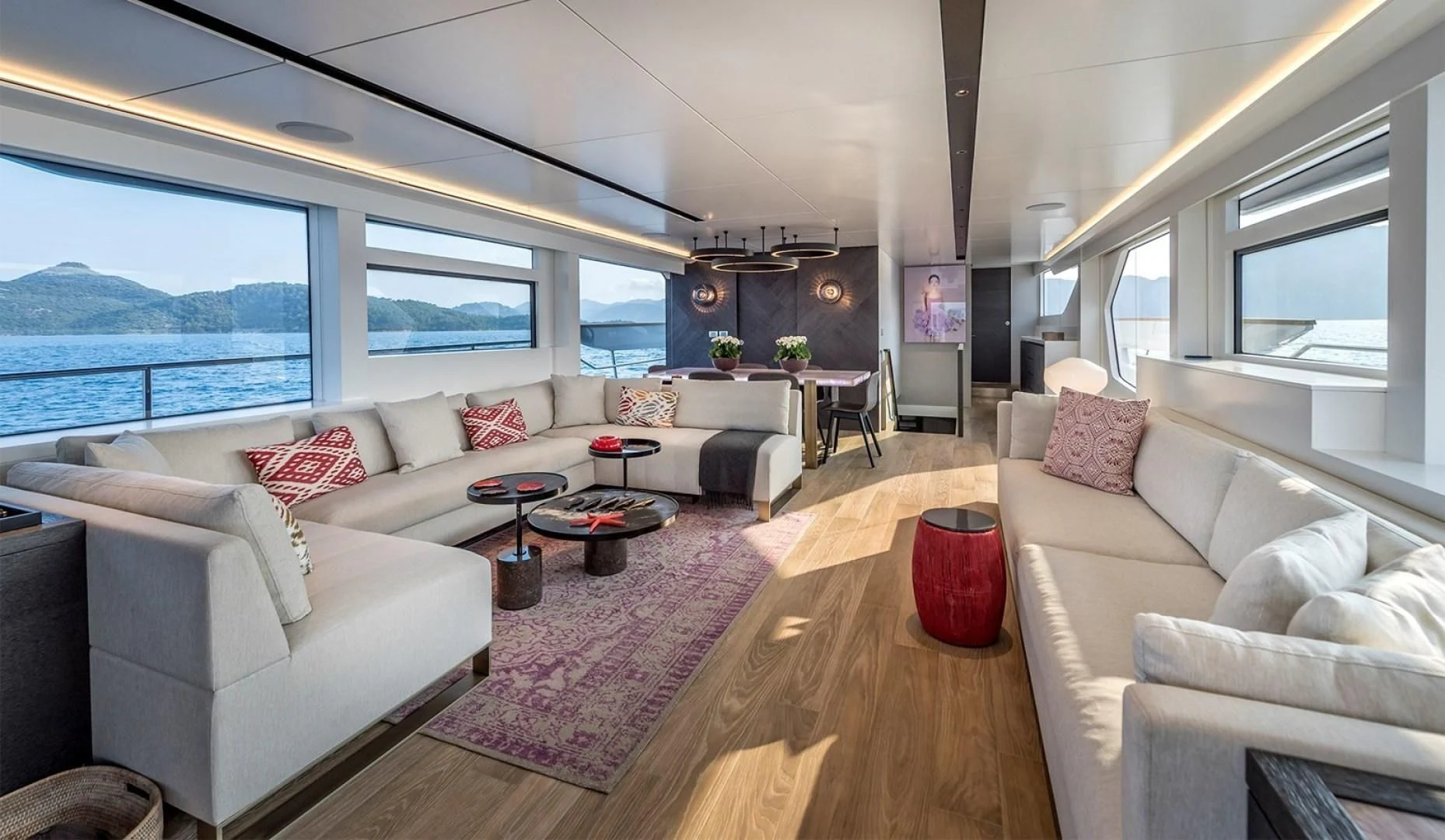a living room with a large window aboard NUMARINE 26XP/24 Yacht for Sale