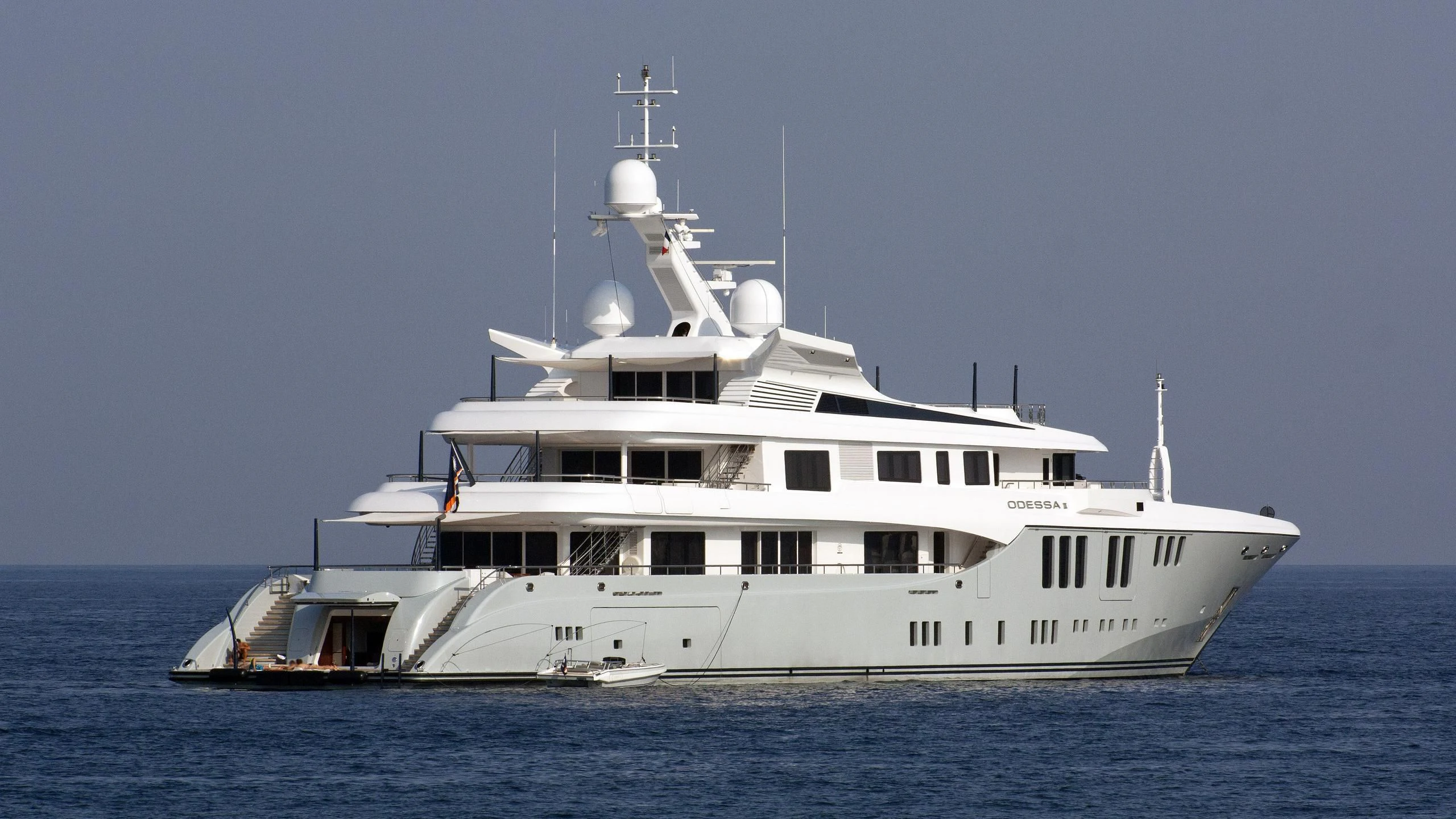 a large white ship aboard ODESSA II Yacht for Sale