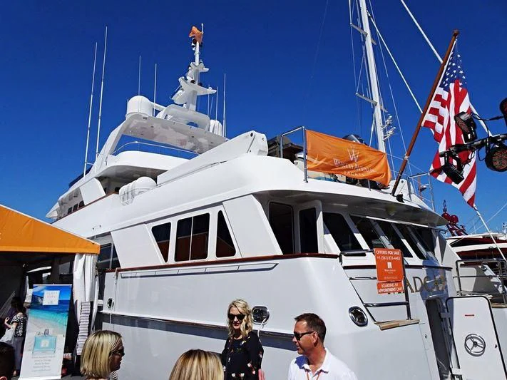 a group of people standing next to a white boat with flags on it aboard 14 TO SMILE Yacht for Sale