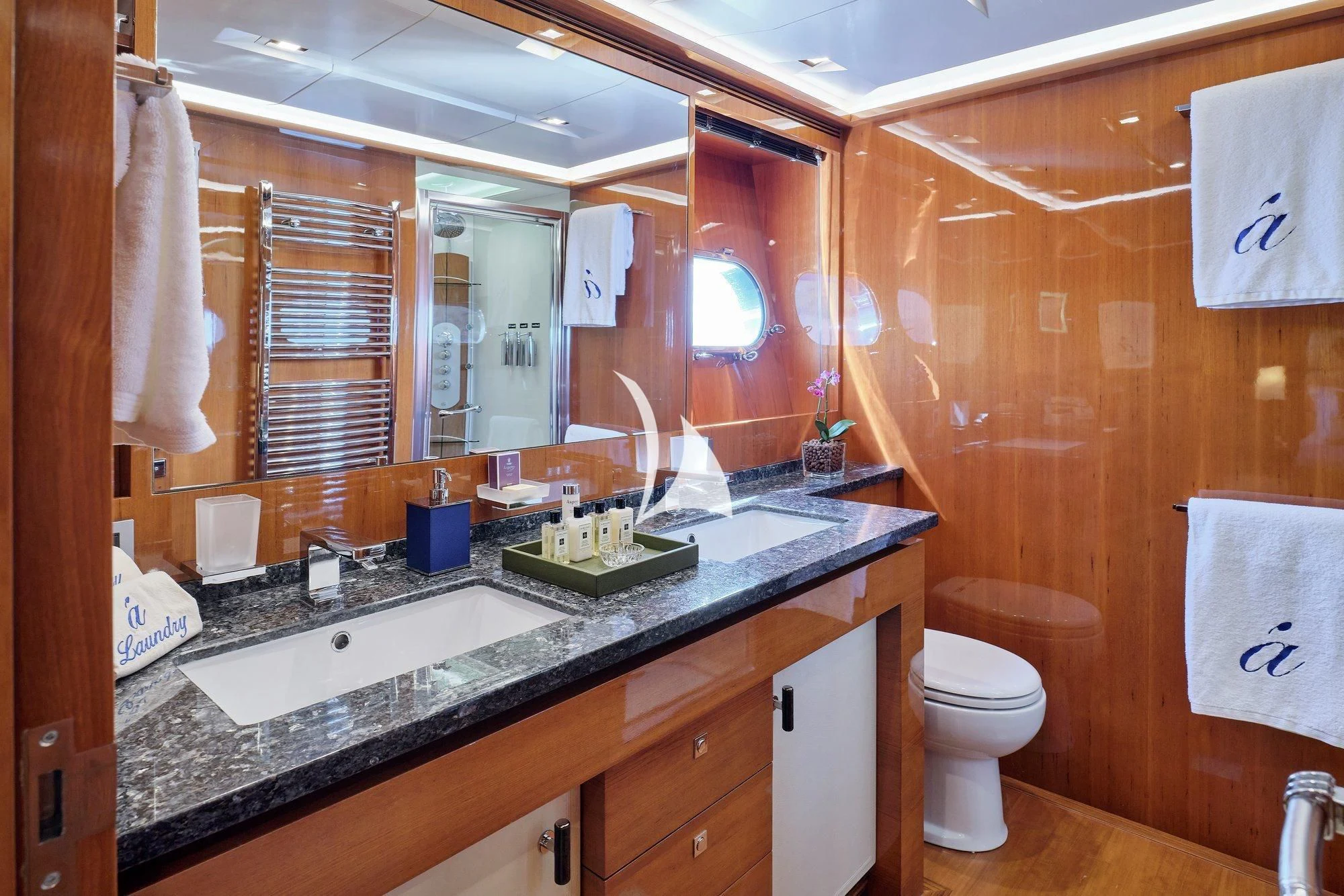 a bathroom with a sink and a toilet aboard APMONIA Yacht for Sale