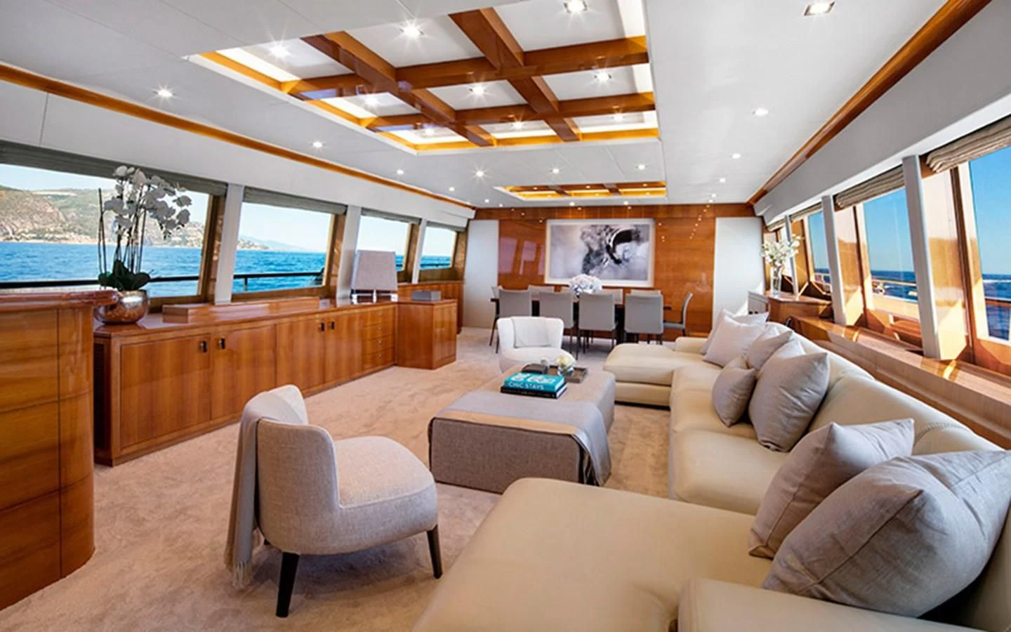 a living room with a large window aboard APMONIA Yacht for Sale