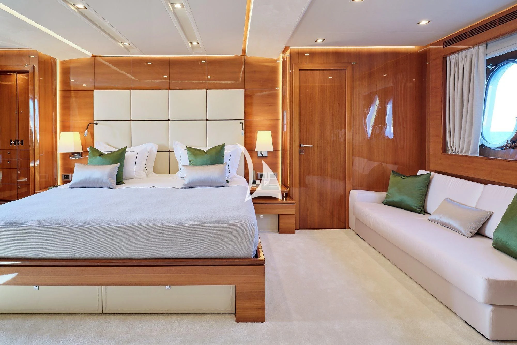 a room with two beds aboard APMONIA Yacht for Sale