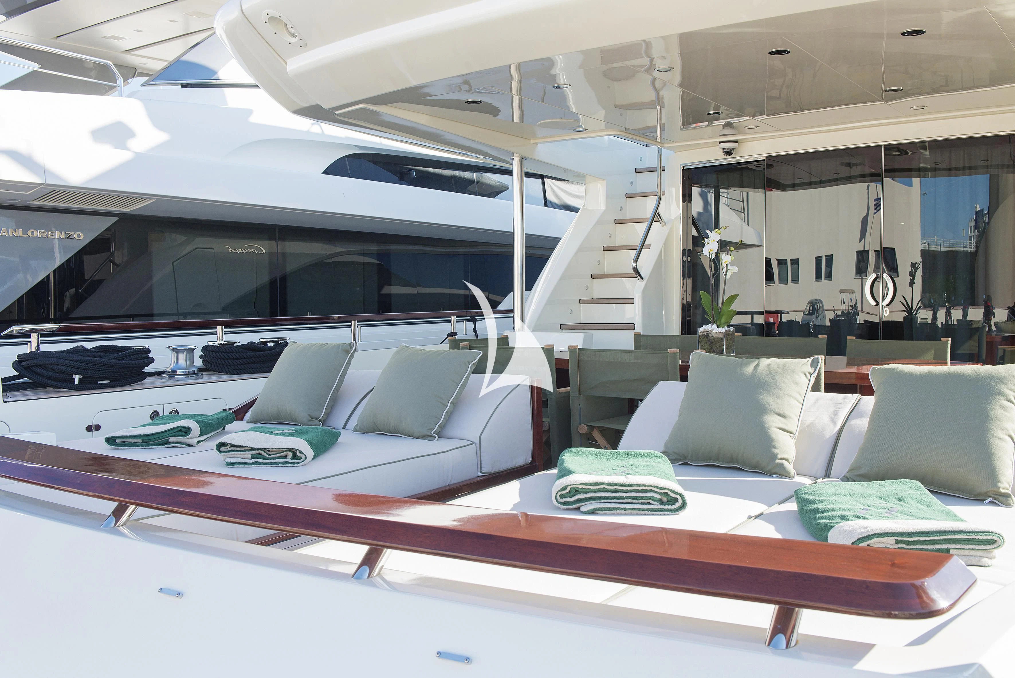 a room with a bed and a desk aboard APMONIA Yacht for Sale