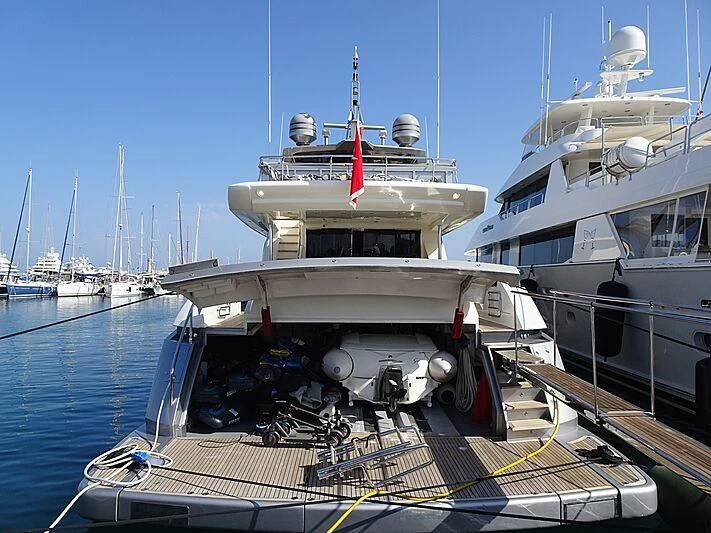 a large boat docked at a pier aboard APMONIA Yacht for Sale