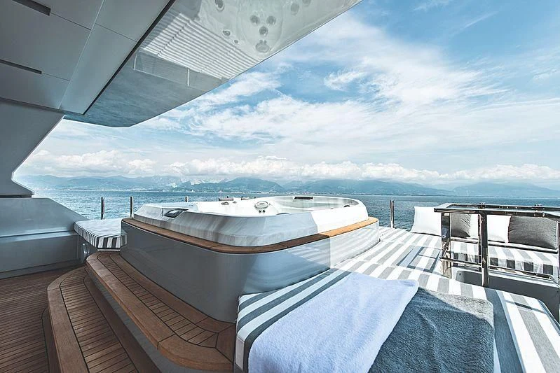 a deck with a view of the ocean and the ocean aboard MODUS Yacht for Sale