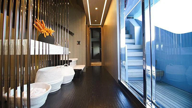 a bathroom with a large glass shower aboard MODUS Yacht for Sale