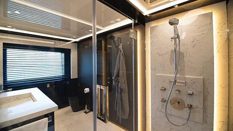 a room with a large glass door aboard MODUS Yacht for Sale