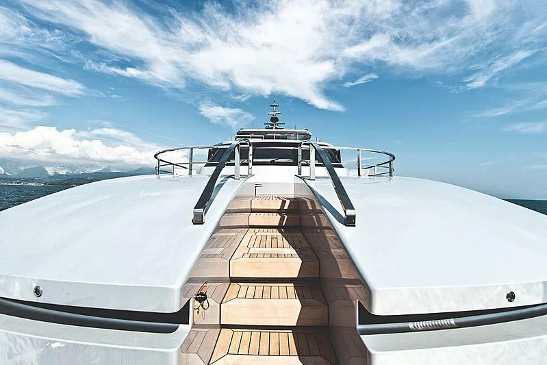a white boat with a metal frame aboard MODUS Yacht for Sale