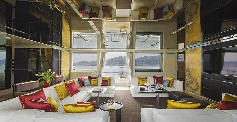 a living room with a large window aboard BELLA ITALIA Yacht for Sale