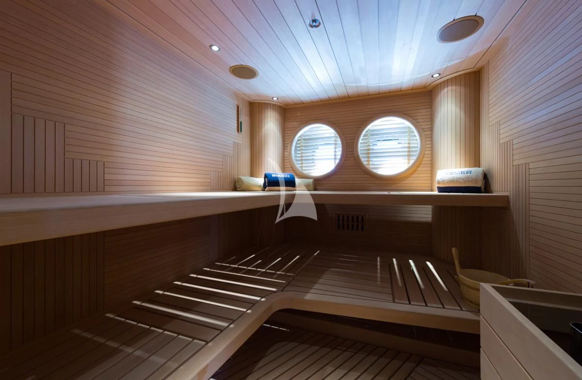 a room with a staircase and a window aboard ROMEA Yacht for Sale