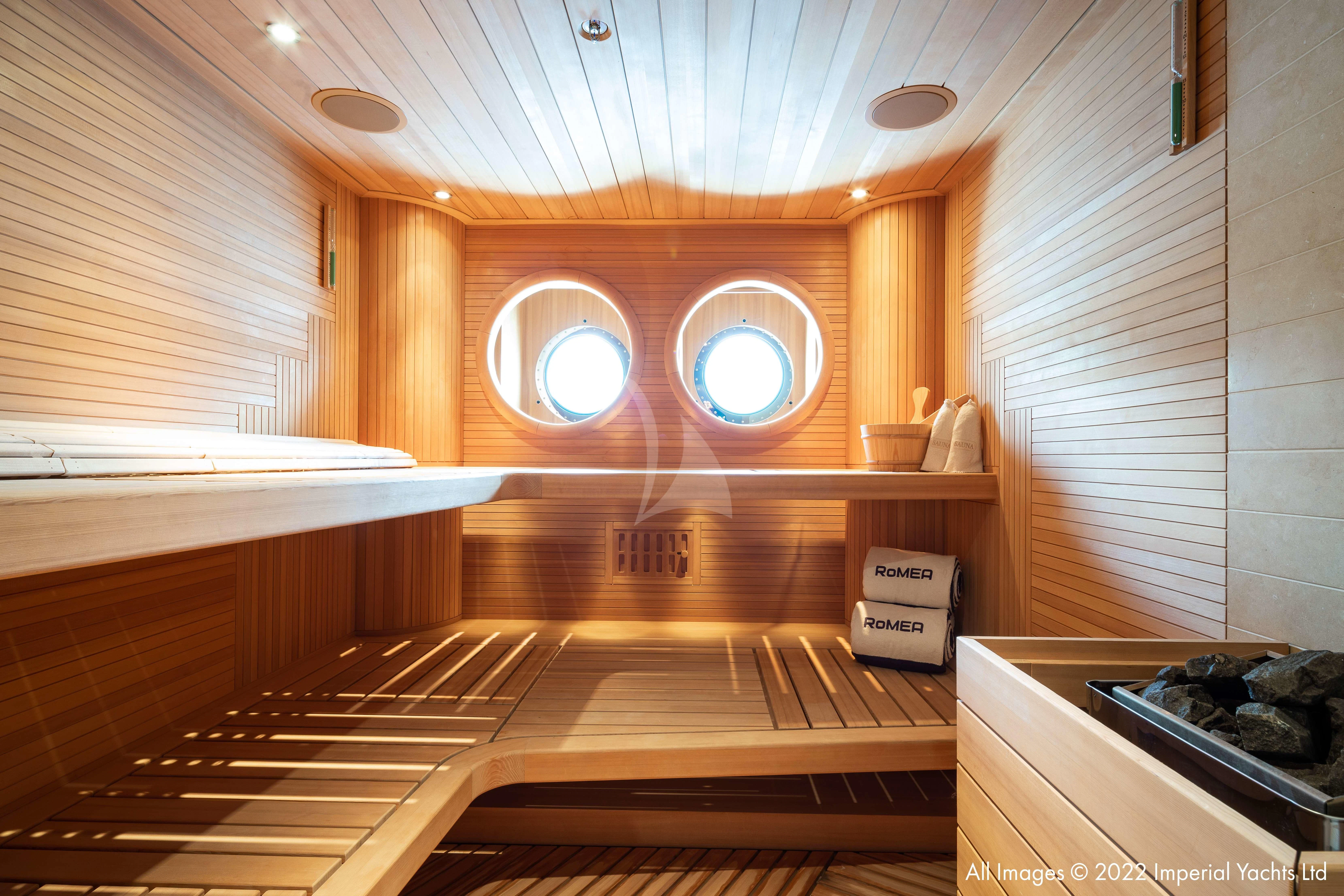 a room with a large window aboard ROMEA Yacht for Sale