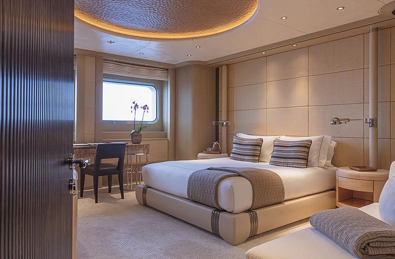 a bed in a room aboard ROMEA Yacht for Sale