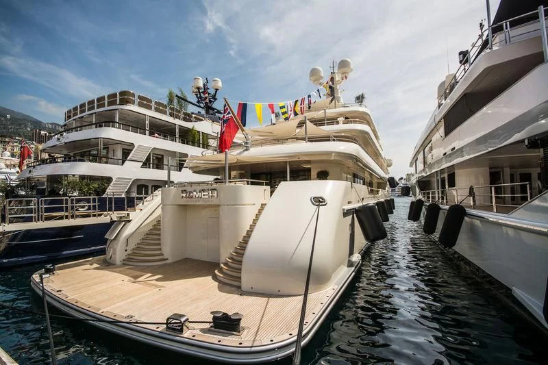 a boat docked at a pier aboard ROMEA Yacht for Sale