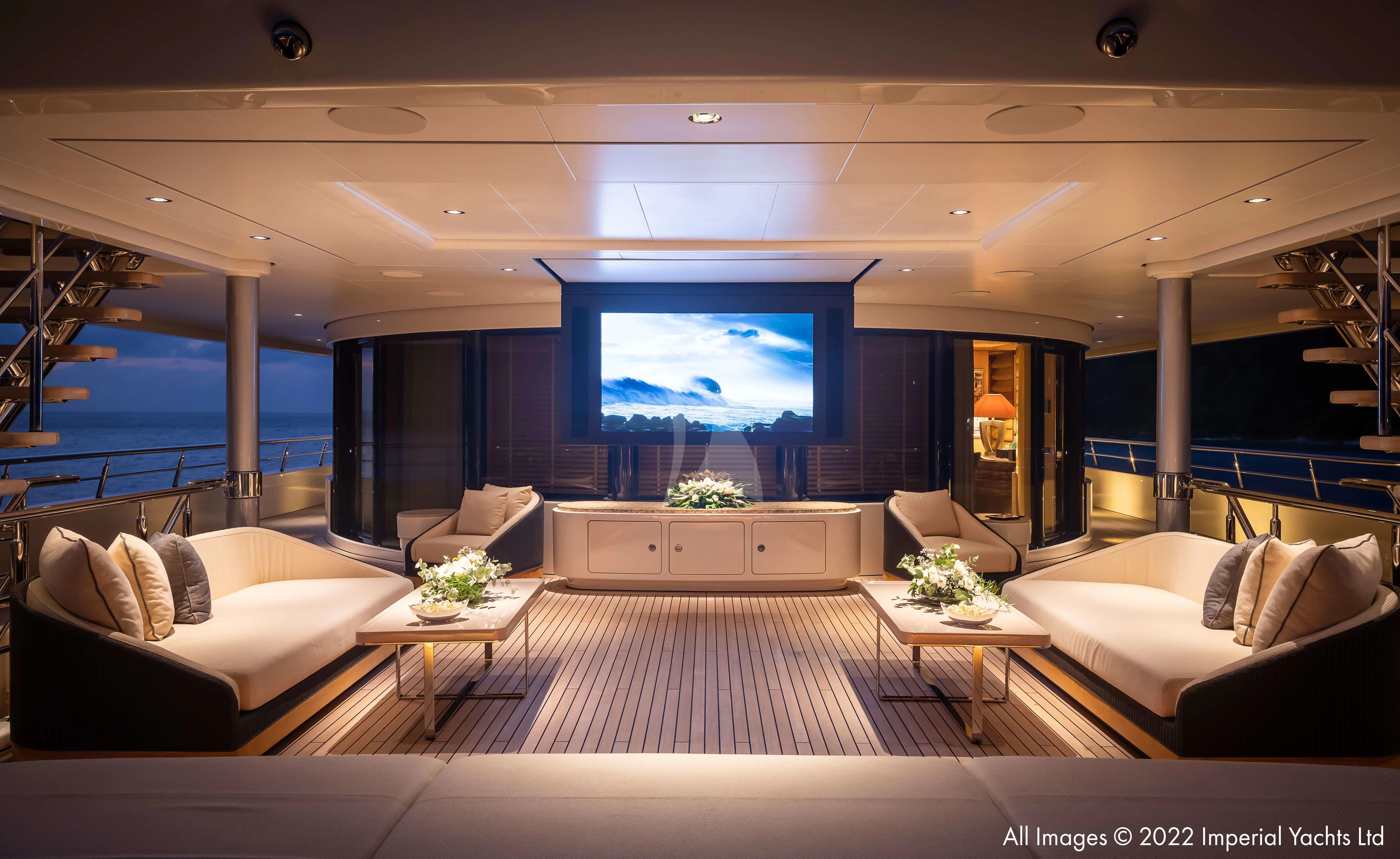 a living room with a large screen aboard ROMEA Yacht for Sale
