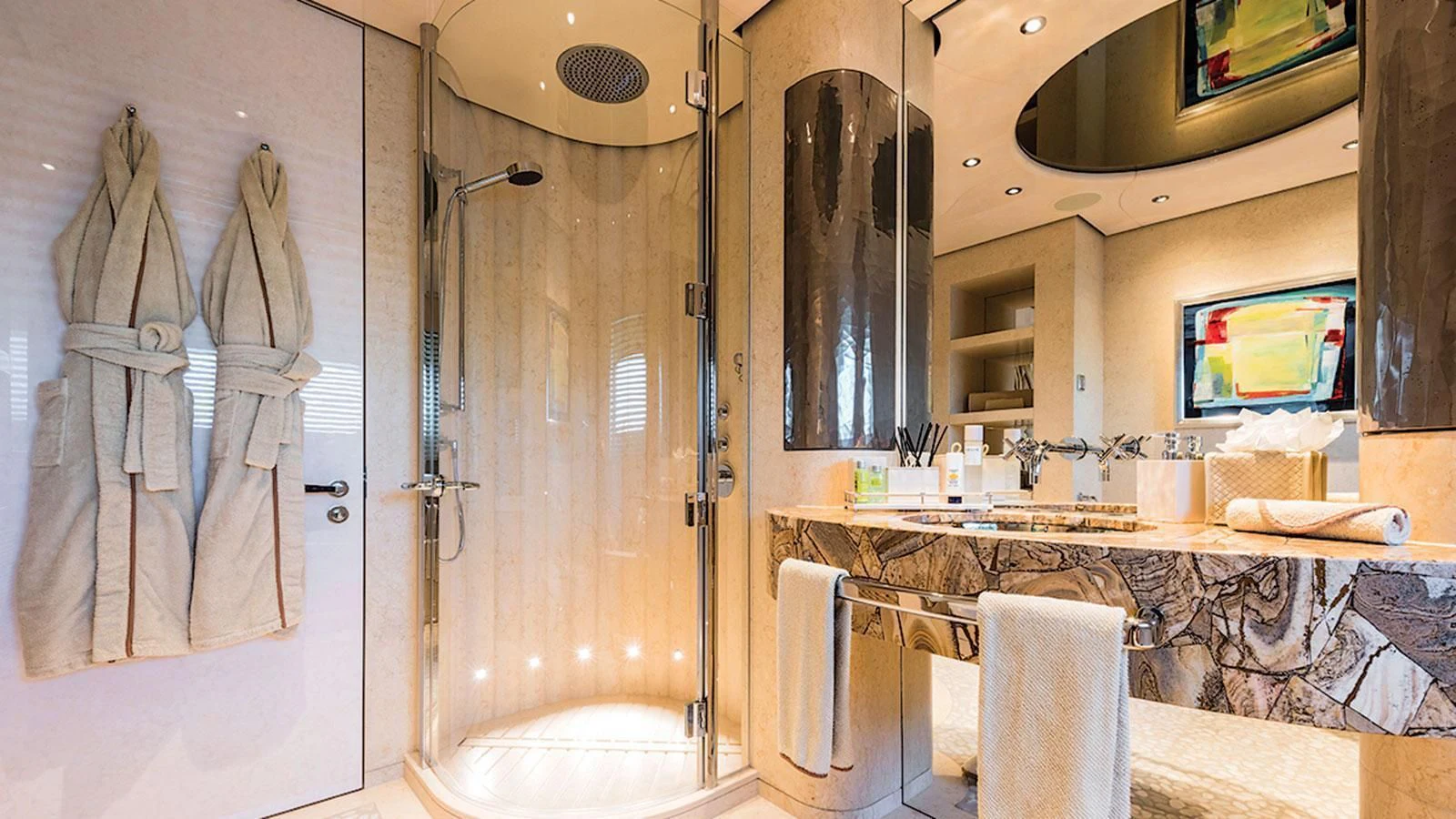a bathroom with a shower and a sink aboard ROMEA Yacht for Sale