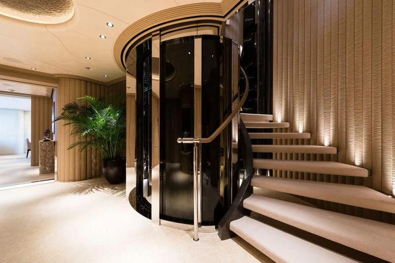 a large black door in a room aboard ROMEA Yacht for Sale