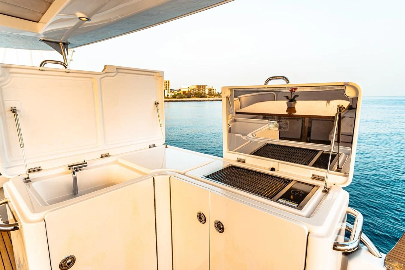 a boat with a sink and a large window aboard FAT BOY Yacht for Sale