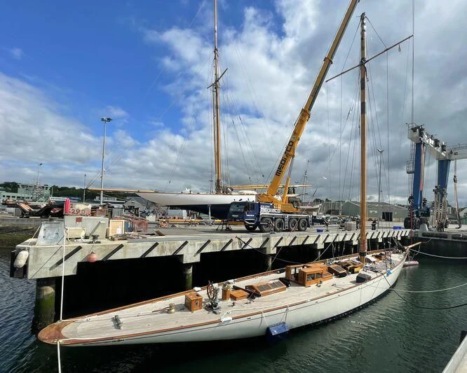 a large ship docked aboard MOONBEAM IV Yacht for Sale