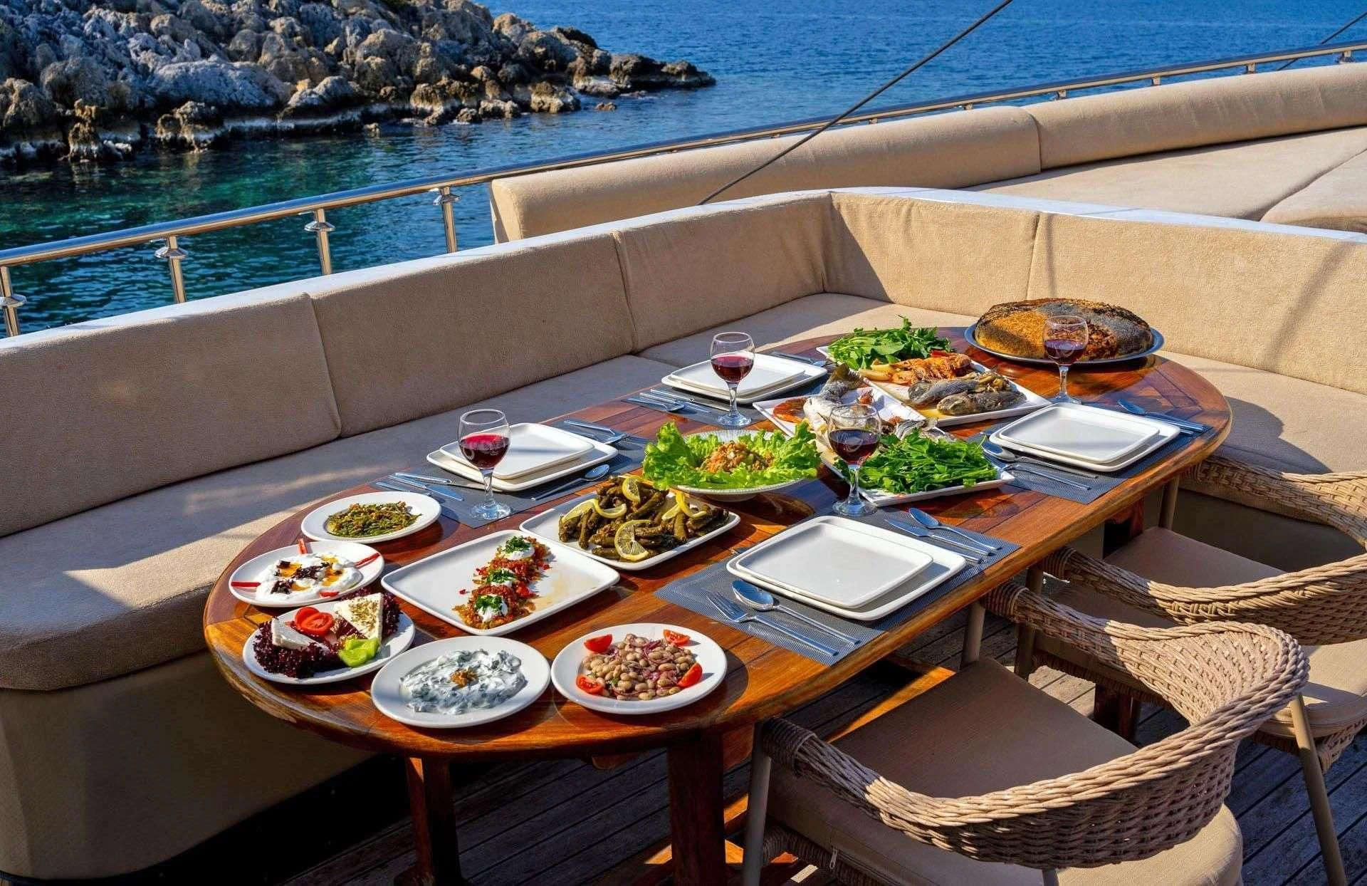 a table with food on it aboard ADMIRAL Yacht for Charter
