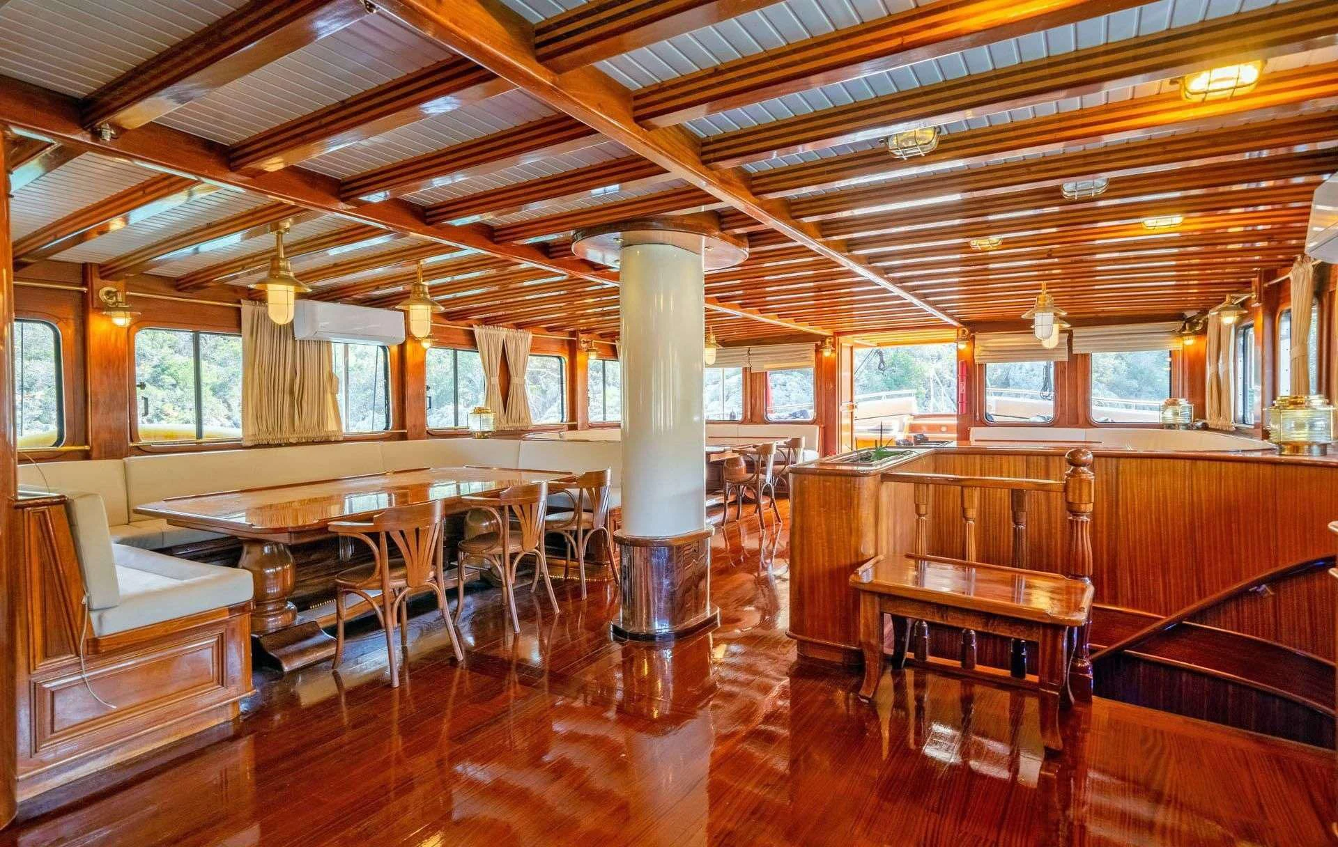 a room with tables and chairs aboard ADMIRAL Yacht for Charter