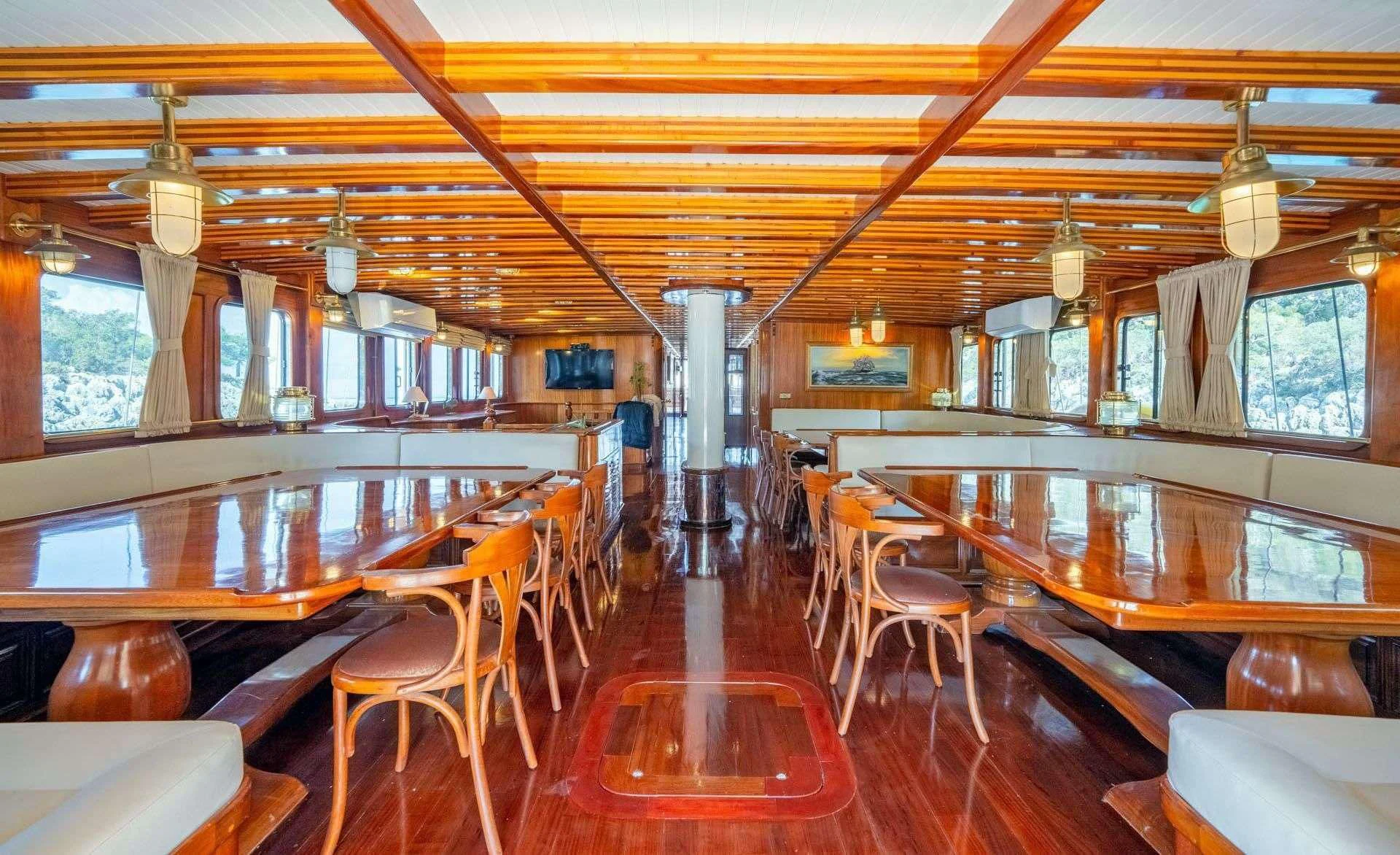 inside of a building with tables and chairs aboard ADMIRAL Yacht for Charter