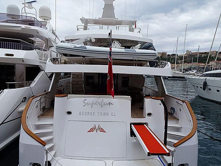 a boat with a red stripe on the front aboard SUPERMAX Yacht for Sale