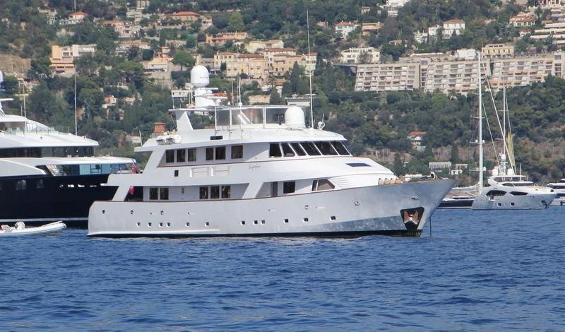 a large white boat in the water aboard SUPERMAX Yacht for Sale