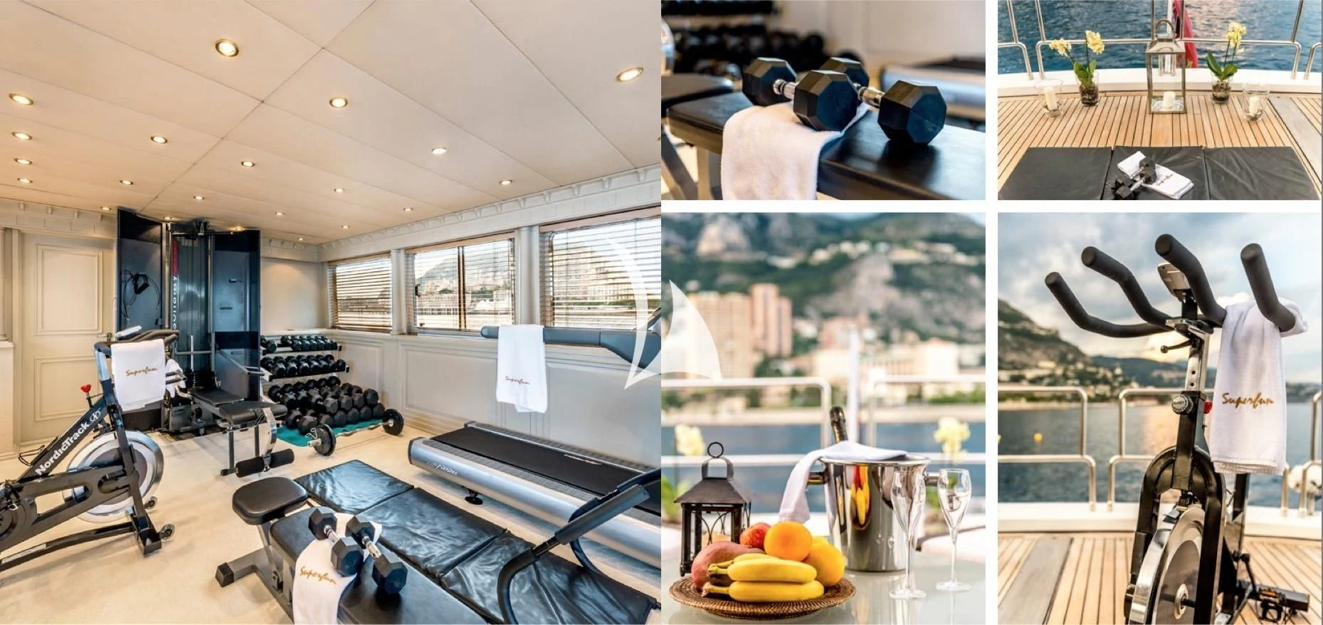 a room with a large window and a table with a chair and a large mirror aboard SUPERMAX Yacht for Sale