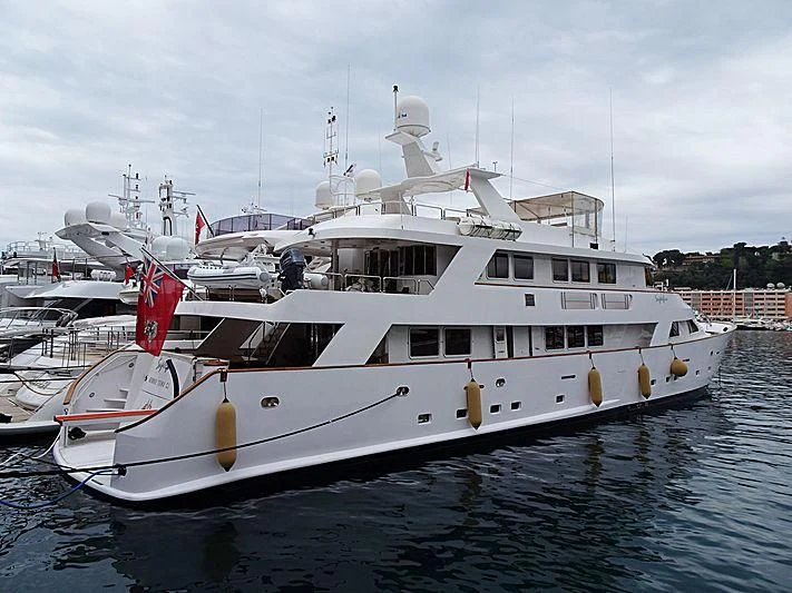 a large white boat in the water aboard SUPERMAX Yacht for Sale