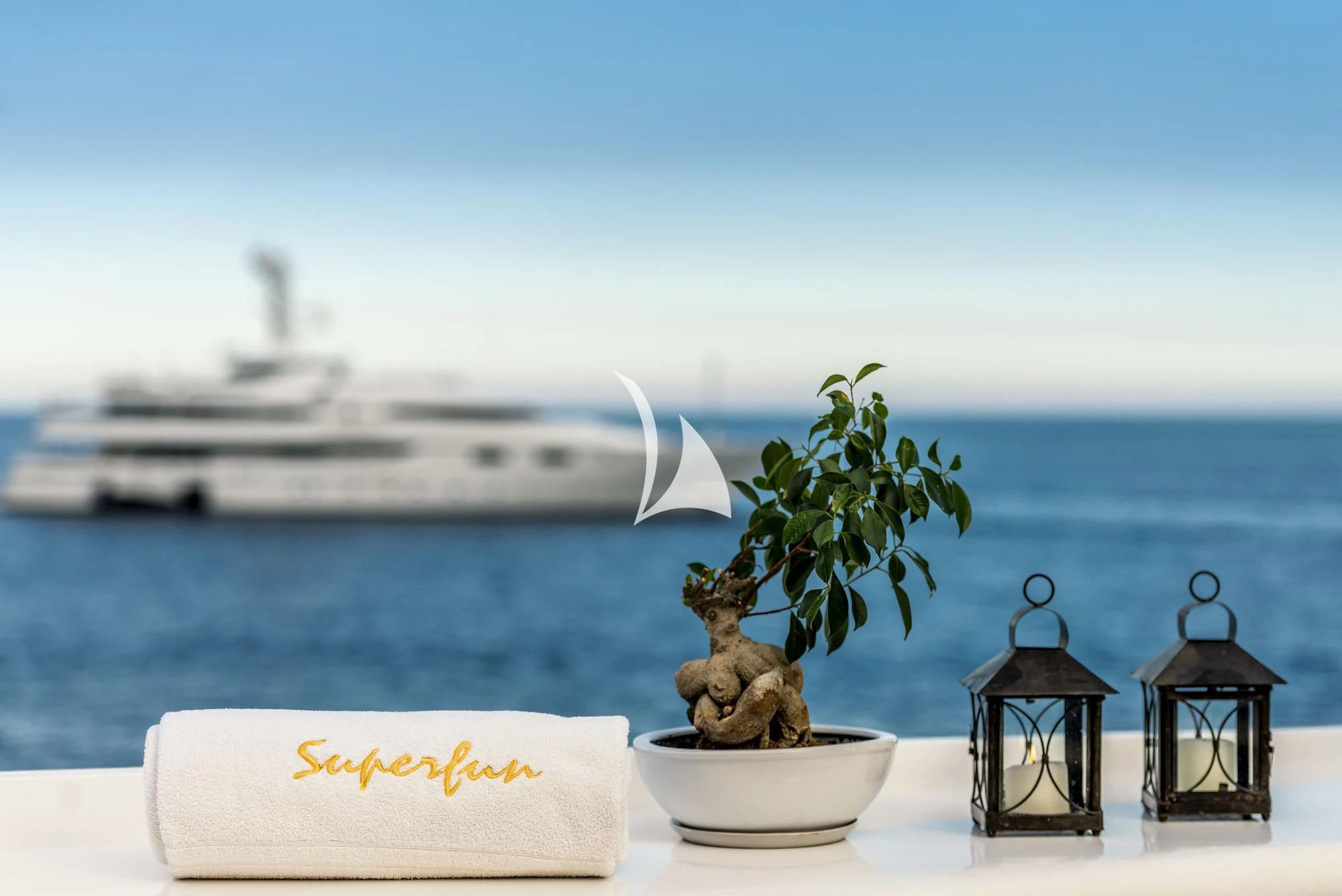 a small bonsai tree on a table by a white boat aboard SUPERMAX Yacht for Sale