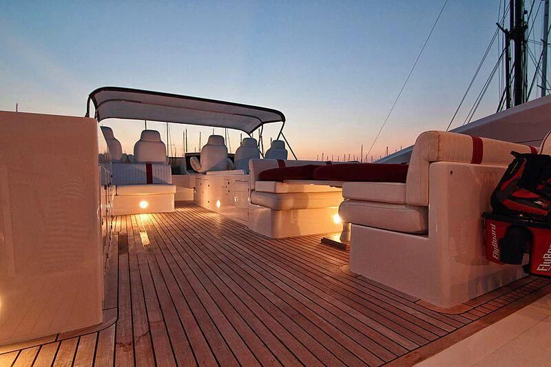 a boat on a deck aboard GEMINIS Yacht for Sale