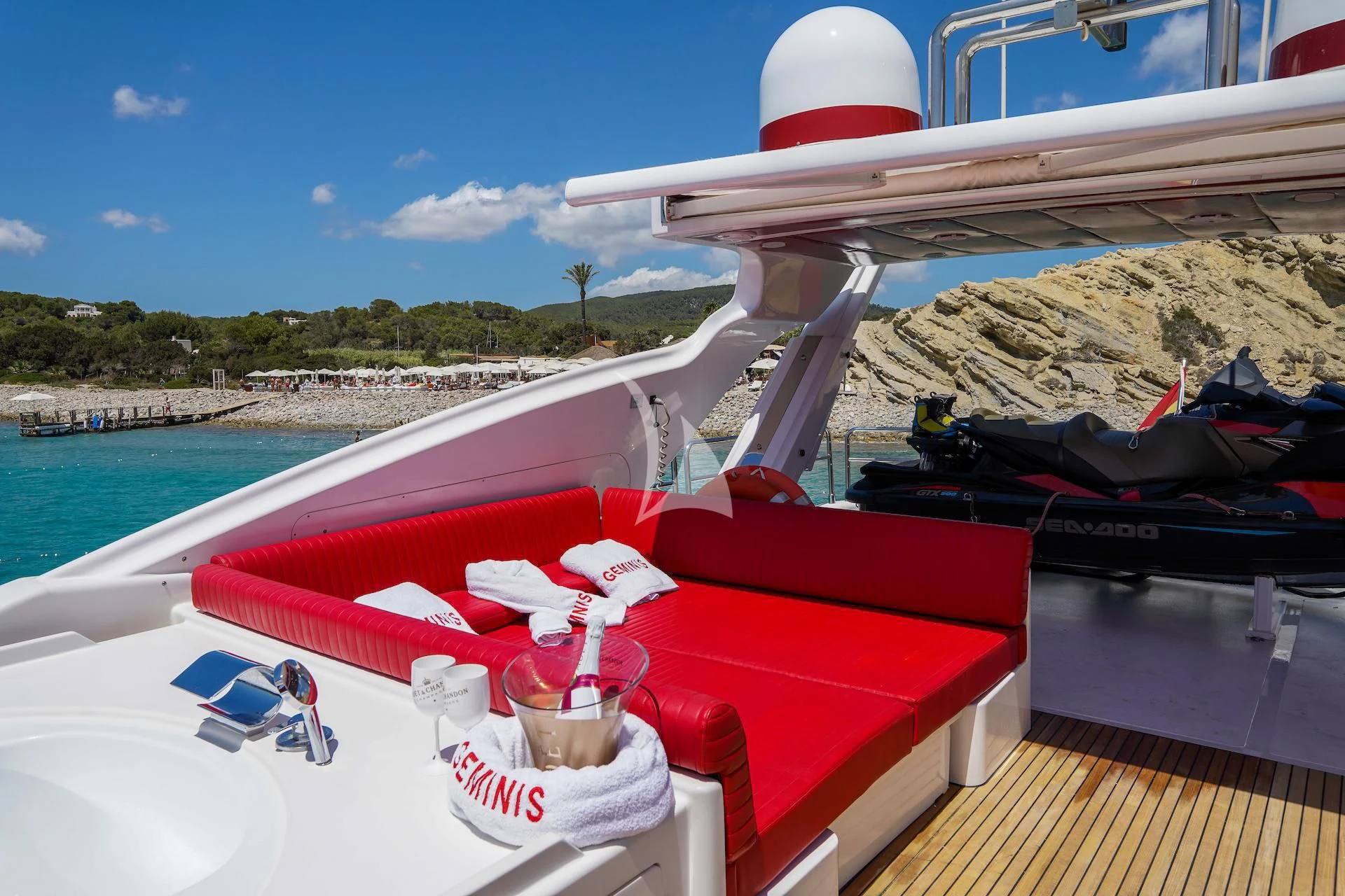 a boat on a beach aboard GEMINIS Yacht for Sale