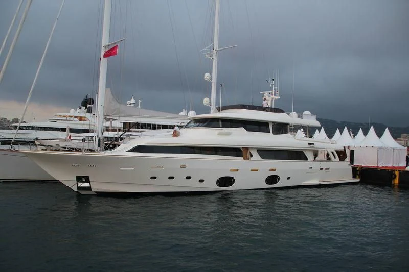 a white yacht in the water aboard SKY Yacht for Sale