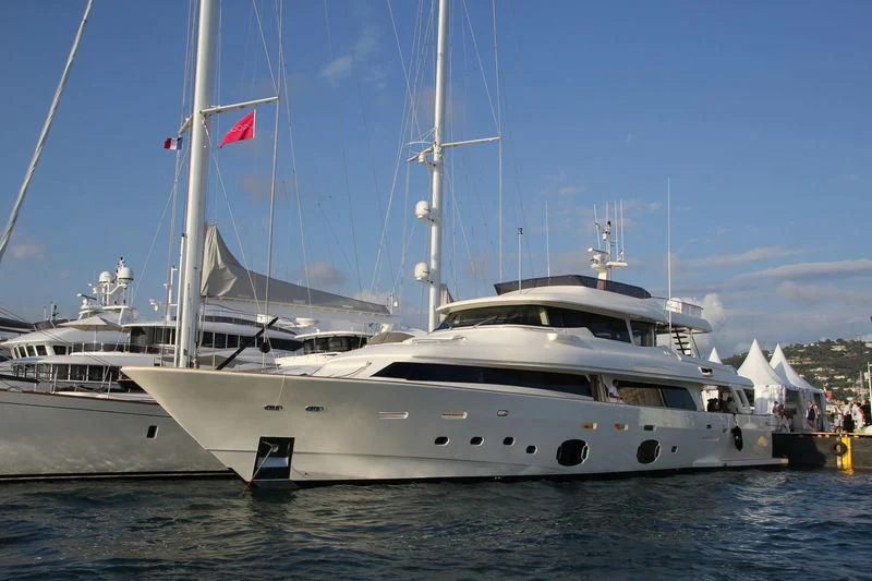 a large white boat aboard SKY Yacht for Sale