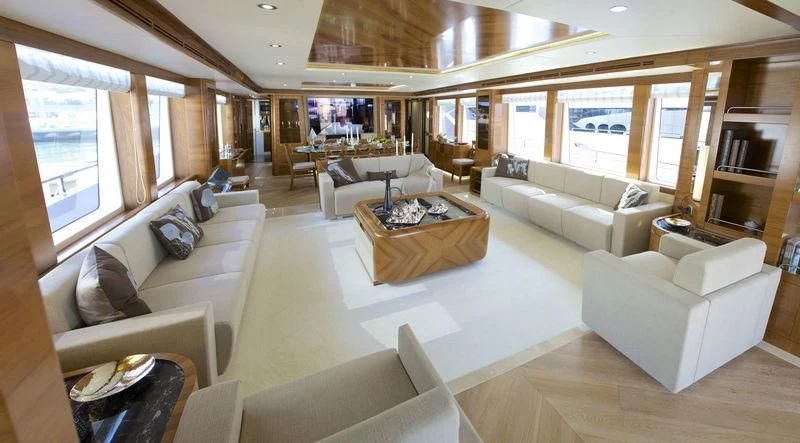 a living room with a large window aboard SEAHORSE Yacht for Sale