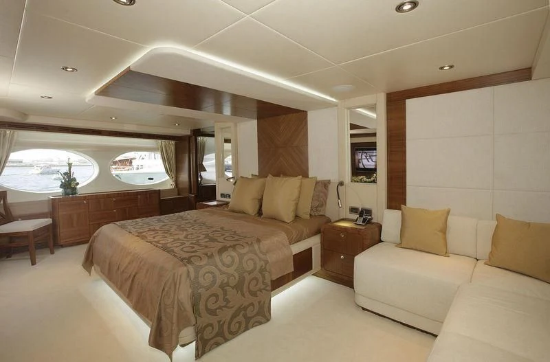 a large bedroom with a large bed aboard SEAHORSE Yacht for Sale