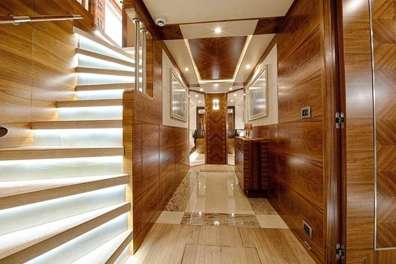 a hallway with wooden walls aboard SEAHORSE Yacht for Sale