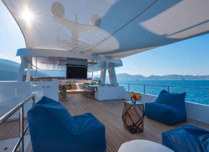 a room with a couch and a table and a tv aboard MURAL YACHTS 85 TRAWLER Yacht for Sale