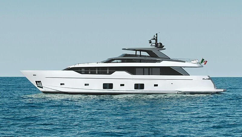 a white yacht in the water aboard AMWAJ Yacht for Sale