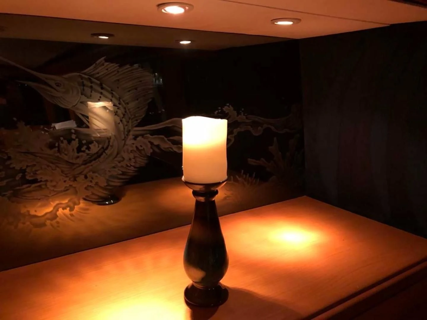 a lamp on a table aboard PRIME TIME Yacht for Sale