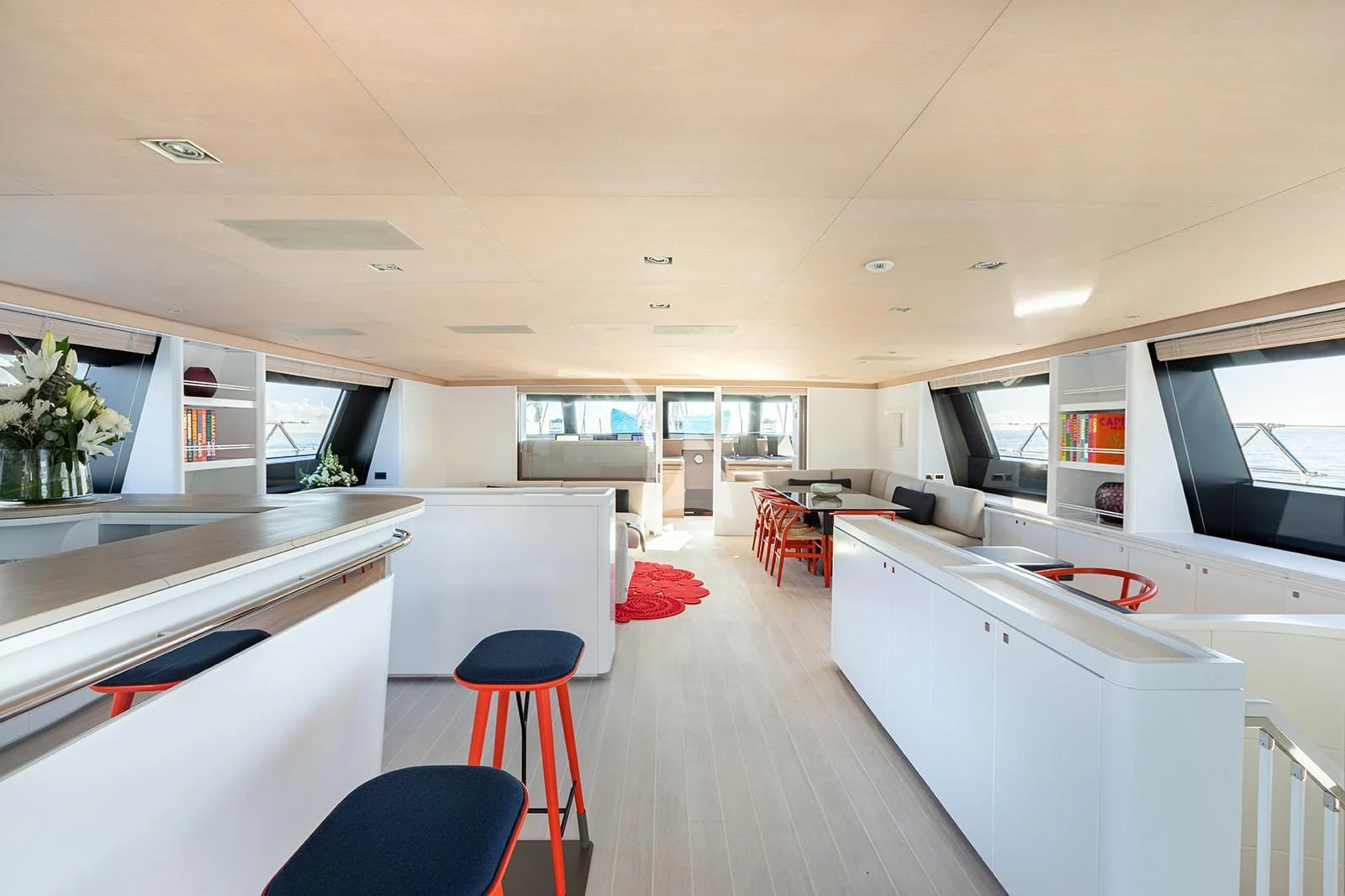a kitchen with white cabinets aboard SERENDIPITY I Yacht for Charter