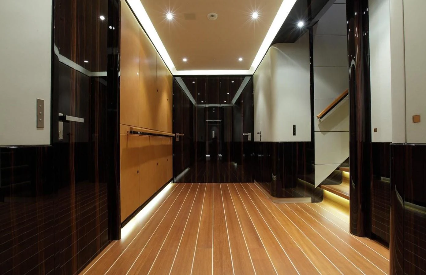 a hallway with wood floors aboard SERENDIPITY I Yacht for Charter