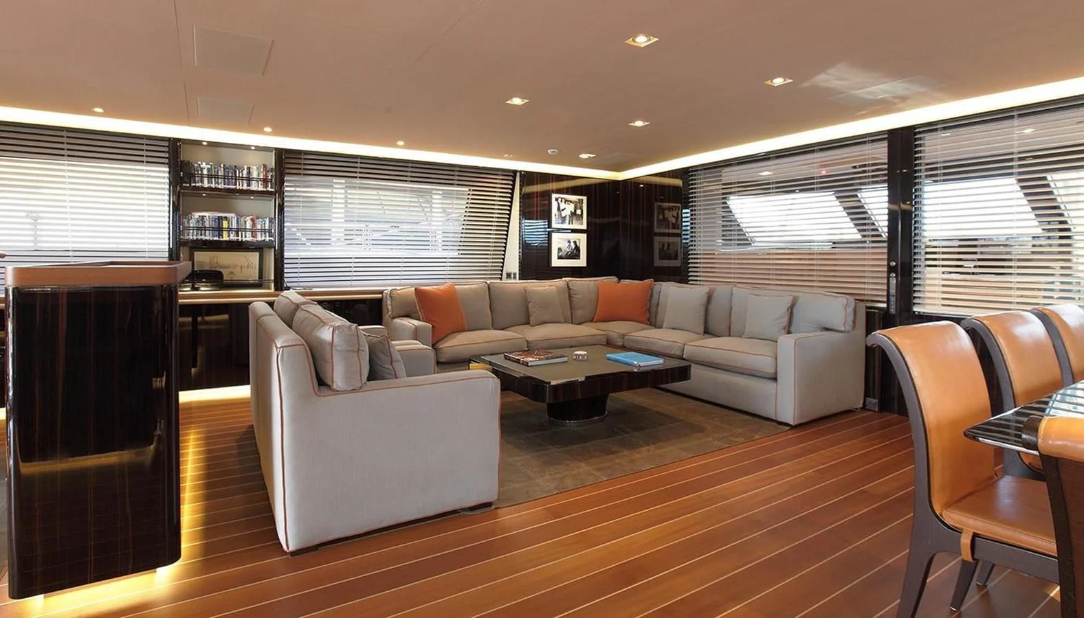 a living room with a couch and a table aboard SERENDIPITY I Yacht for Charter