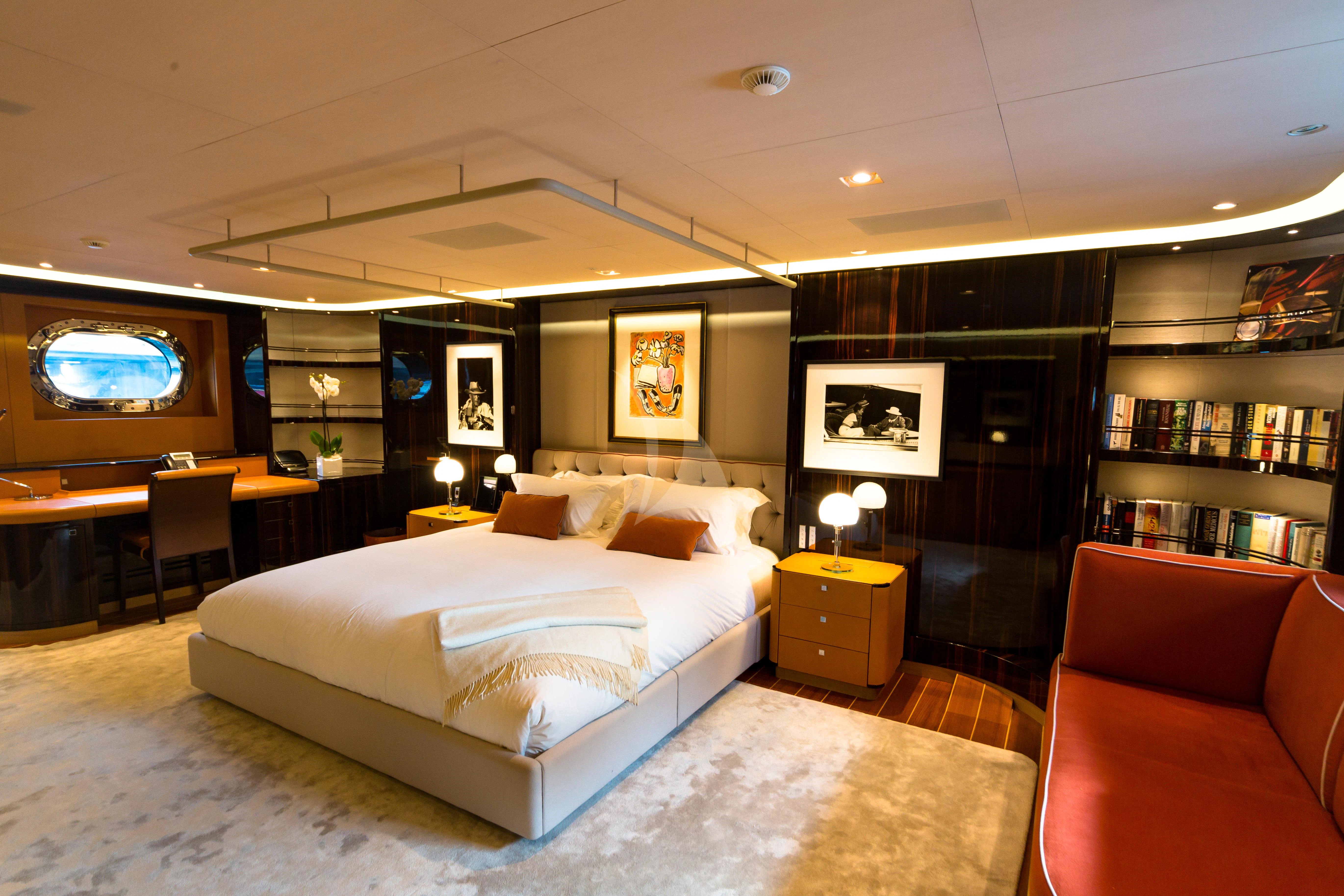 a large bedroom with a large bed aboard SERENDIPITY I Yacht for Charter